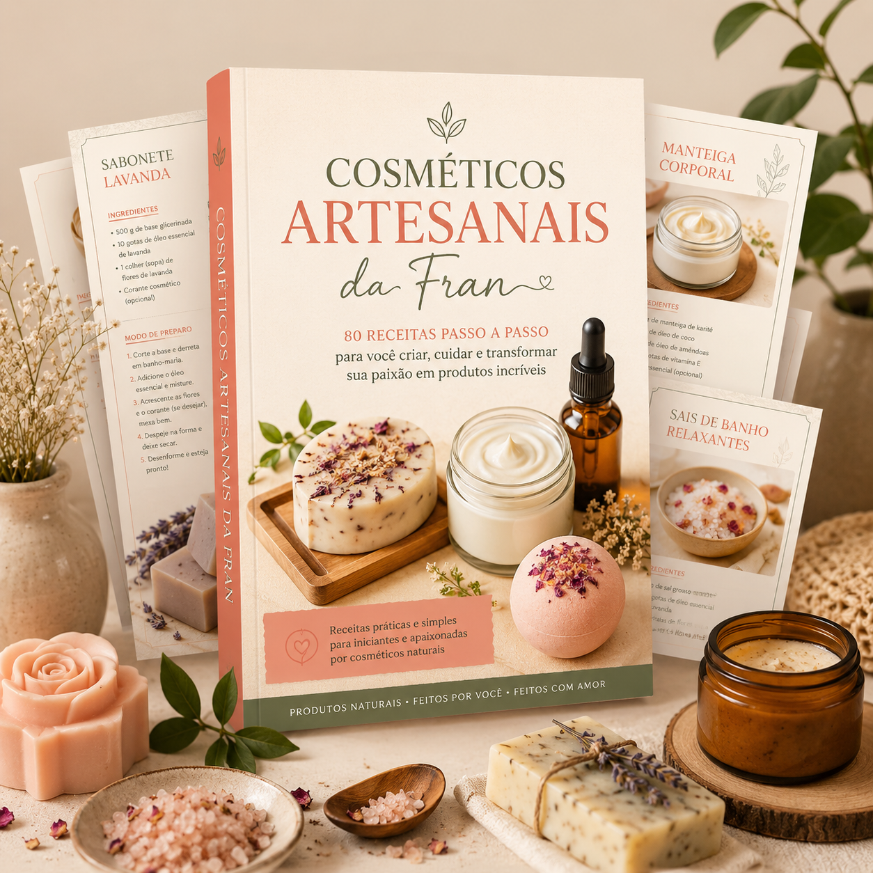 Mockup do guia digital Cosméticos Artesanais da Fran com 80 receitas passo a passo