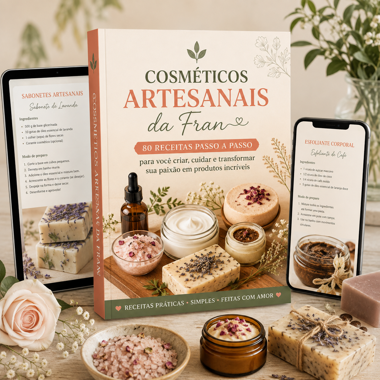 Guia Cosméticos Artesanais da Fran em mockup com tablet e celular